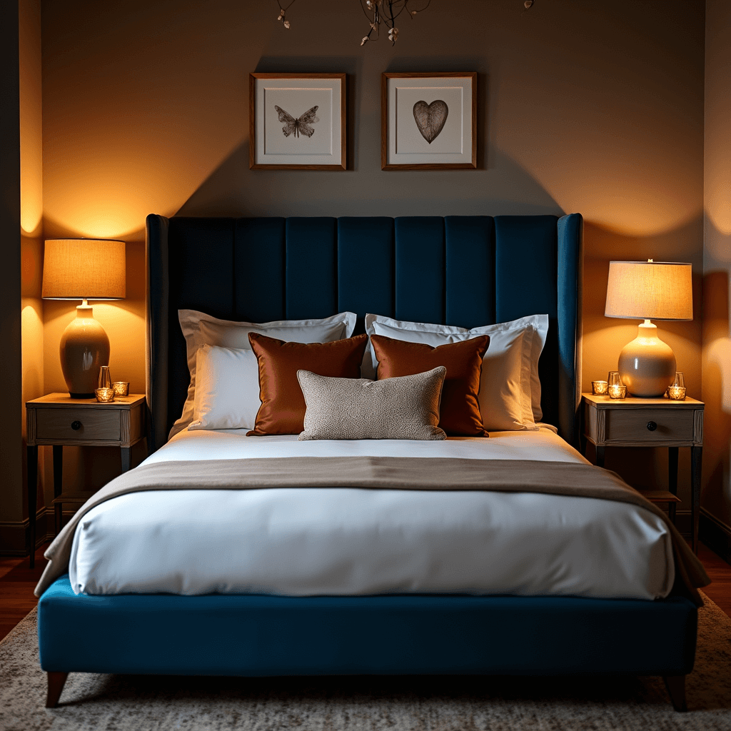 Intimate bedroom scene featuring a queen bed with a navy velvet headboard, cloud-white bedding, and copper-toned accent pillows, illuminated by warm ambient lighting from a ceramic table lamp, dimmable pendant, and mercury glass votives, showcasing rich textures of velvet, silk, and brushed metal.