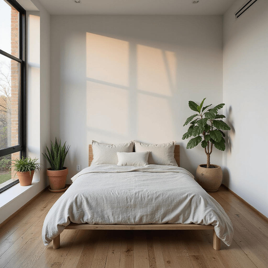 A minimalist bedroom sanctuary with white walls and black steel-framed windows, featuring a low-profile platform bed in stone-washed linen, potted snake plants, and trailing pothos, captured from an elevated perspective during golden hour.