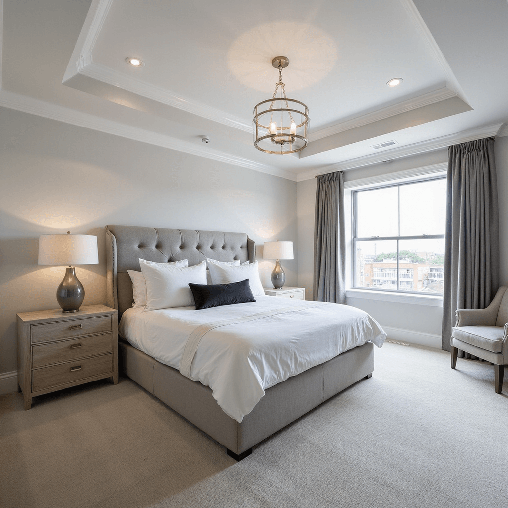 A sophisticated primary bedroom featuring a pearl grey velvet upholstered bed with white bedding and charcoal accents, bleached oak nightstands with ceramic lamps, tray ceilings, wool carpeting, and silk drapery, captured from a wide angle to highlight the room's spacious and symmetrical design.