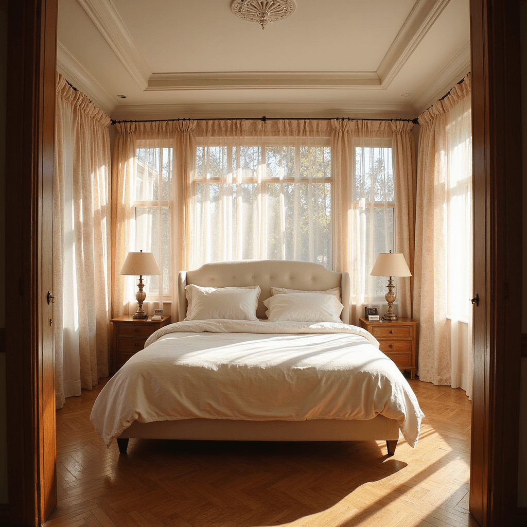 A beautifully lit master bedroom with 14-foot ceilings, featuring sheer floral curtains, a plush king bed in ivory linens, and elegant architectural details including wooden wainscoting and herringbone hardwood floors, all softly illuminated by morning sunlight.