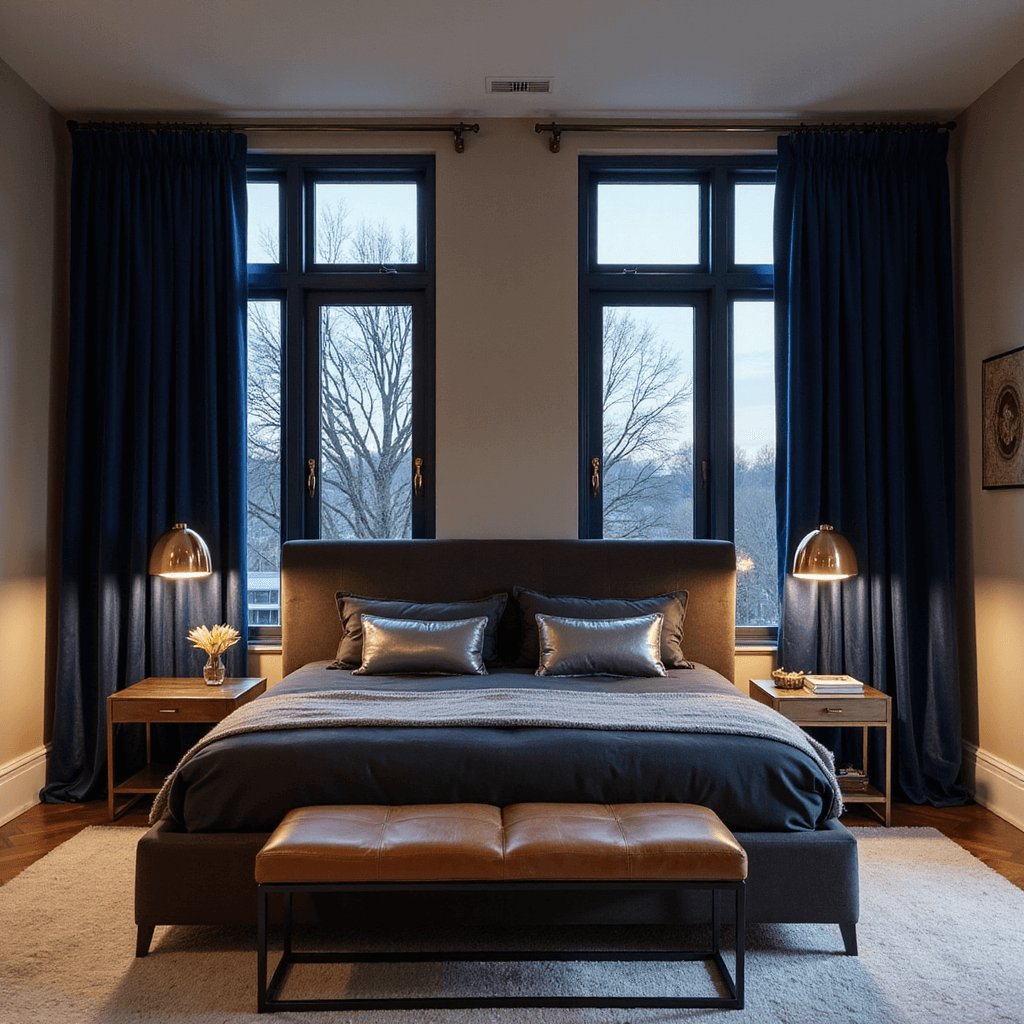 Contemporary bedroom at dusk featuring deep midnight blue velvet blackout curtains, warm greige walls, a king bed with charcoal upholstery and metallic pillows, and ambient lighting from bedside pendants, all captured from a corner angle.