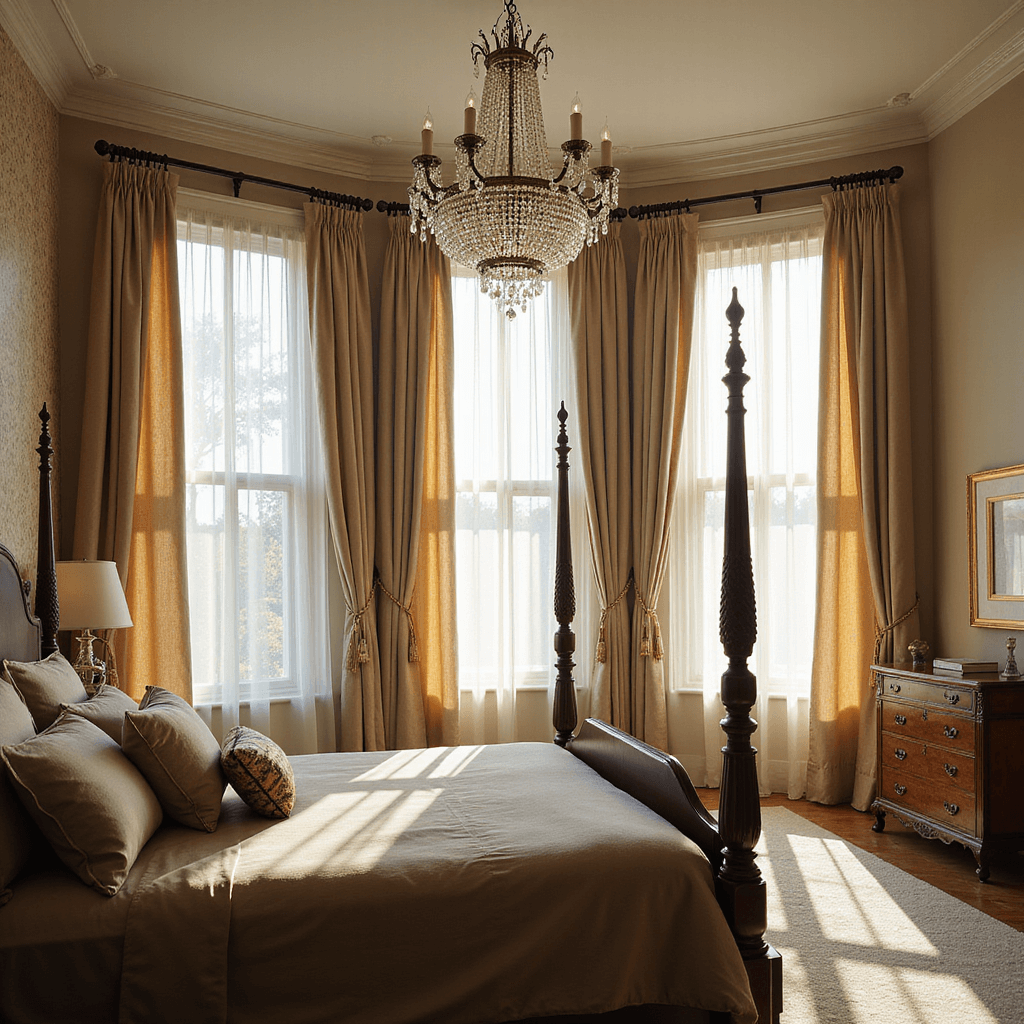 Luxurious bedroom with layered sheer ivory panels and heavyweight champagne silk drapes, featuring a four-poster bed with taupe linens, formal symmetry, and illuminated by a crystal chandelier during golden hour.