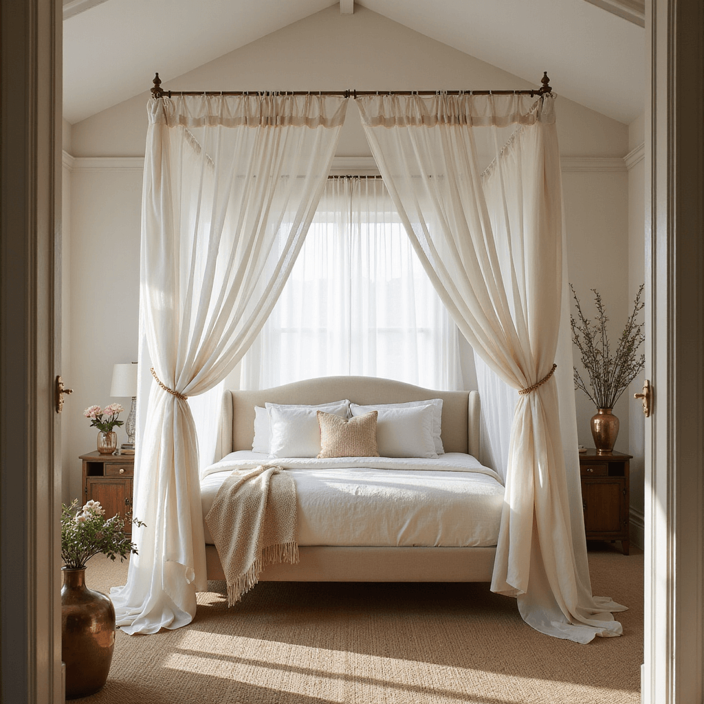 Romantic canopy bed sanctuary with sheer white chiffon panels, a vaulted ceiling, and a neutral color palette, bathed in soft morning light.