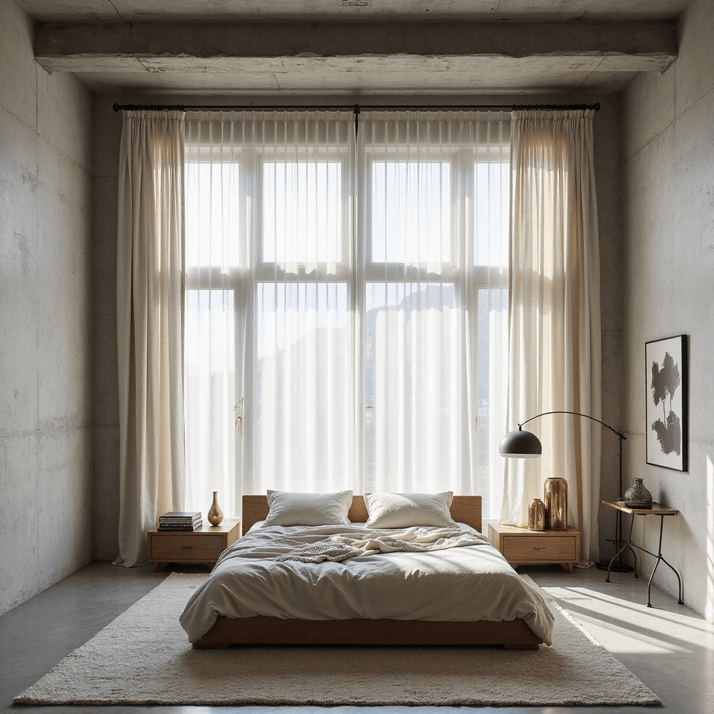 Modern minimalist bedroom featuring floor-to-ceiling automated white linen curtains, a king platform bed in natural oak, and dramatic 15ft concrete walls, all illuminated by morning light that highlights the textures and geometric accents.