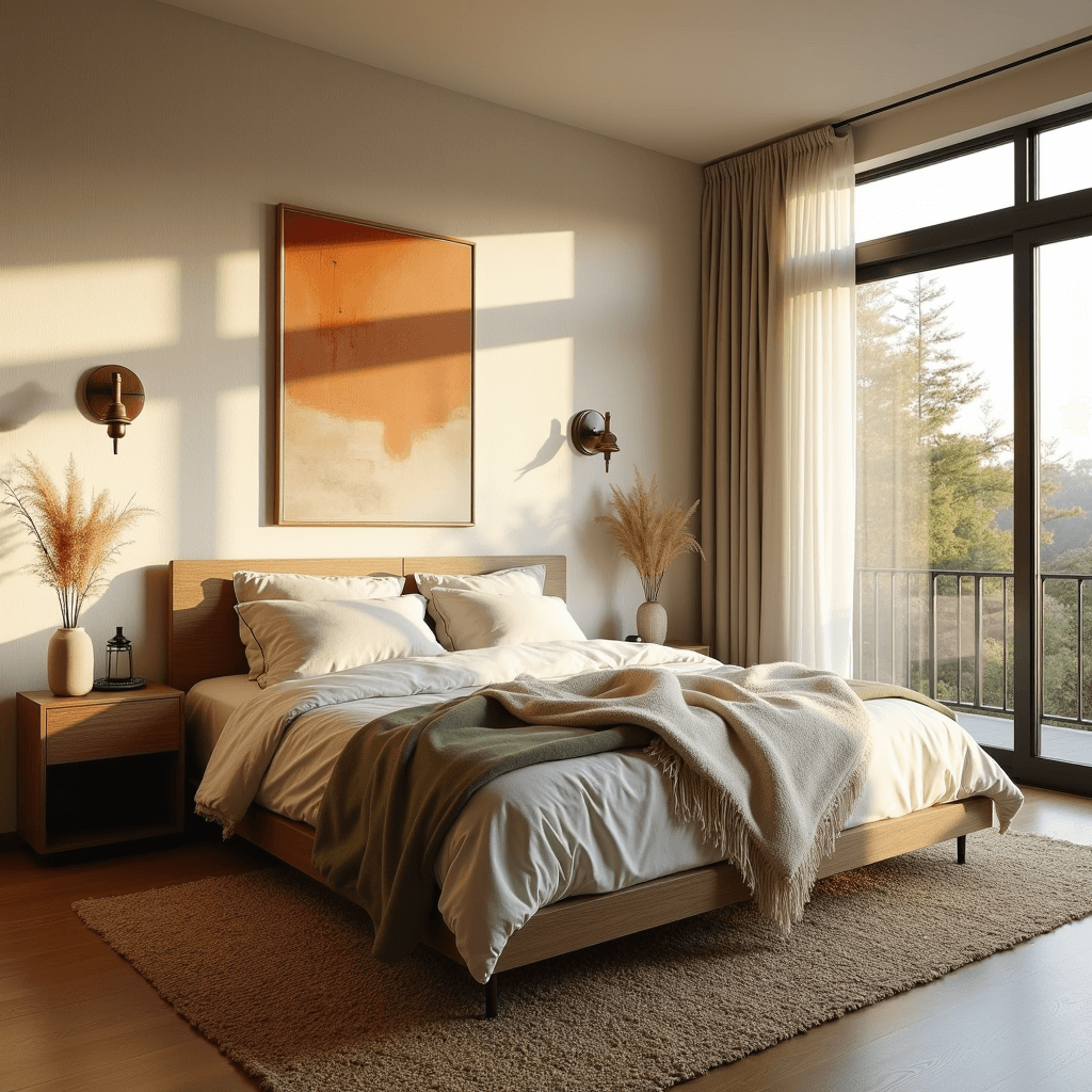 A serene master bedroom bathed in golden morning light, featuring a mid-century modern platform bed dressed in warm oatmeal and sage linens, with vintage brass sconces and a contemporary abstract canvas. The space includes a chunky cream wool throw, a handwoven jute rug, and minimalist walnut nightstands with ceramic vessels of dried pampas grass, all captured at a 45-degree angle from the doorway.