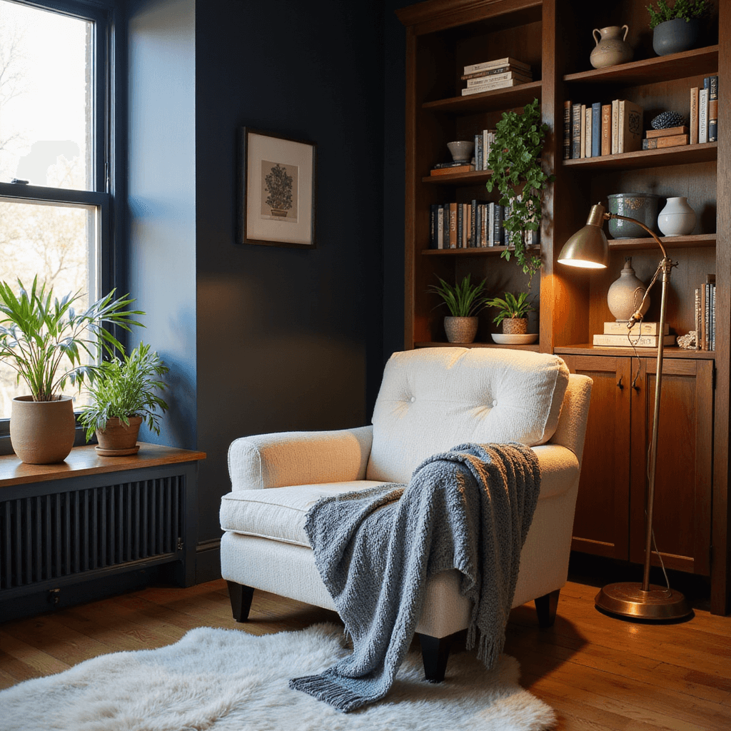 Cozy reading nook in a bedroom corner featuring an oversized ivory boucle armchair against a dark navy wall, illuminated by an antiqued brass floor lamp. A heathered grey handknit wool throw drapes over the chair, while a built-in walnut bookshelf displays vintage books and ceramics, along with trailing plants. A plush sheepskin rug lays atop herringbone oak floors, captured from a low angle to enhance the intimate atmosphere during golden hour.