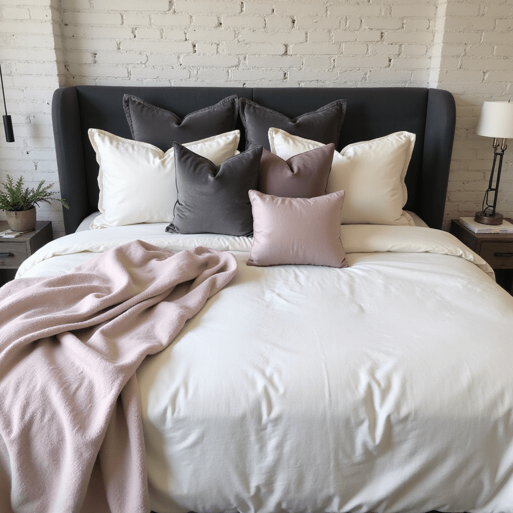 Luxurious king bed styled with a cloud-like white duvet and six pillows of varying sizes against a whitewashed brick wall, illuminated by soft sunrise light.