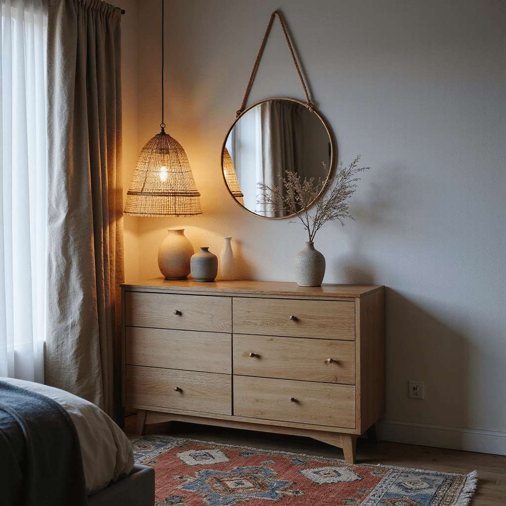 A cozy Scandinavian-inspired bedroom corner vignette at dusk, featuring a rattan pendant lamp casting warm light over a bleached oak dresser adorned with handmade ceramic vessels and dried botanicals, alongside a circular brass mirror. The textured white wall creates soft shadow effects, while greige linen curtains gently filter the blue hour light. A vintage kilim rug in rust, indigo, and cream adds a muted color palette, all captured from a low angle to emphasize mood and detail.
