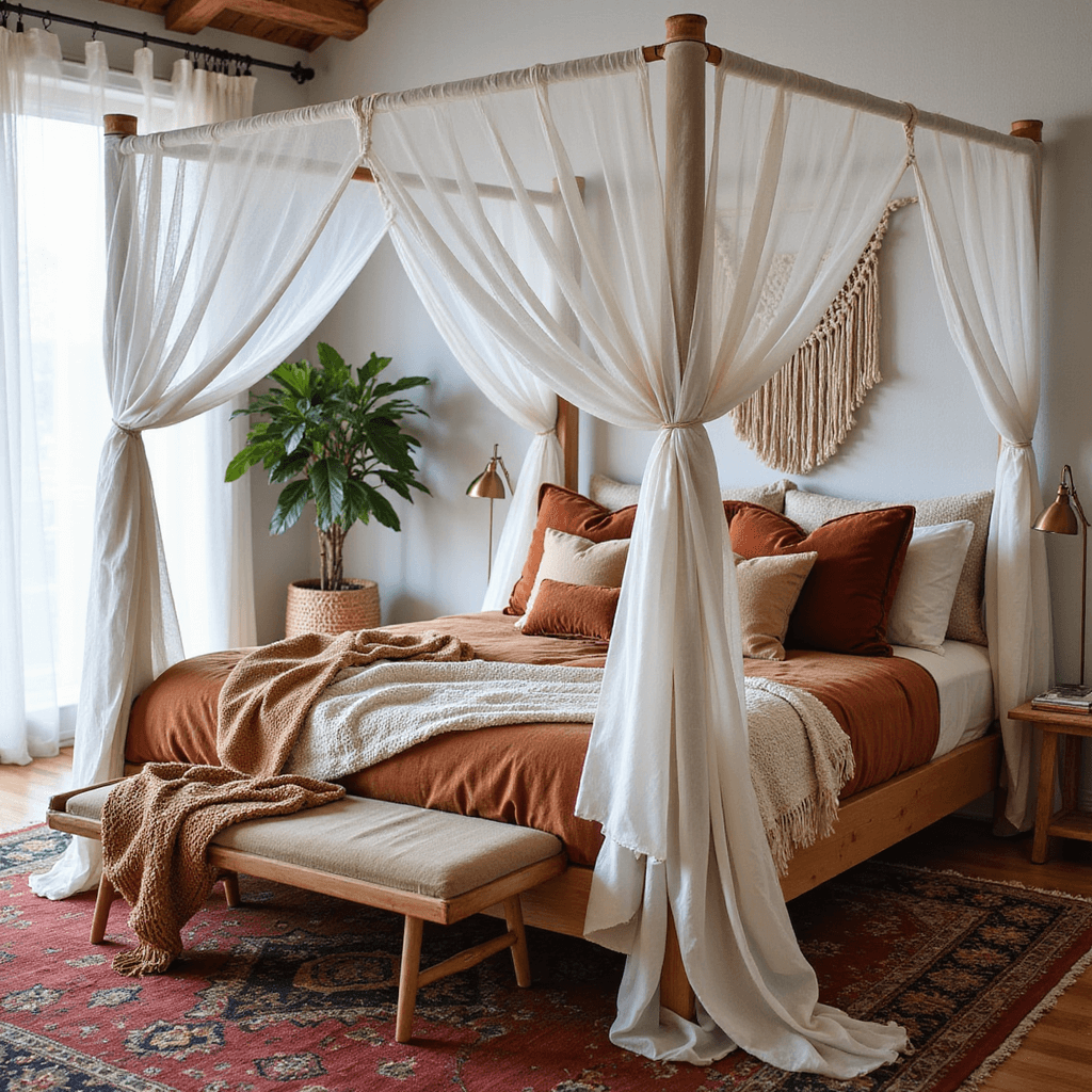 A modern bohemian bedroom featuring a canopy bed with sheer white cotton drapes, layered earth-toned bedding, a macramé wall hanging, a potted fiddle leaf fig, and a vintage Moroccan rug, all bathed in diffused natural light.