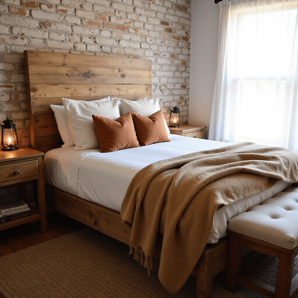 A cozy 12x12ft bedroom at dawn, featuring a handcrafted queen bed with a DIY pallet wood headboard, white cotton sheets, a camel wool blanket, and textured pillows in terracotta and cream, flanked by vintage copper lanterns on antique pine nightstands, set against a warm white exposed brick wall, captured at bed level with shallow depth of field.
