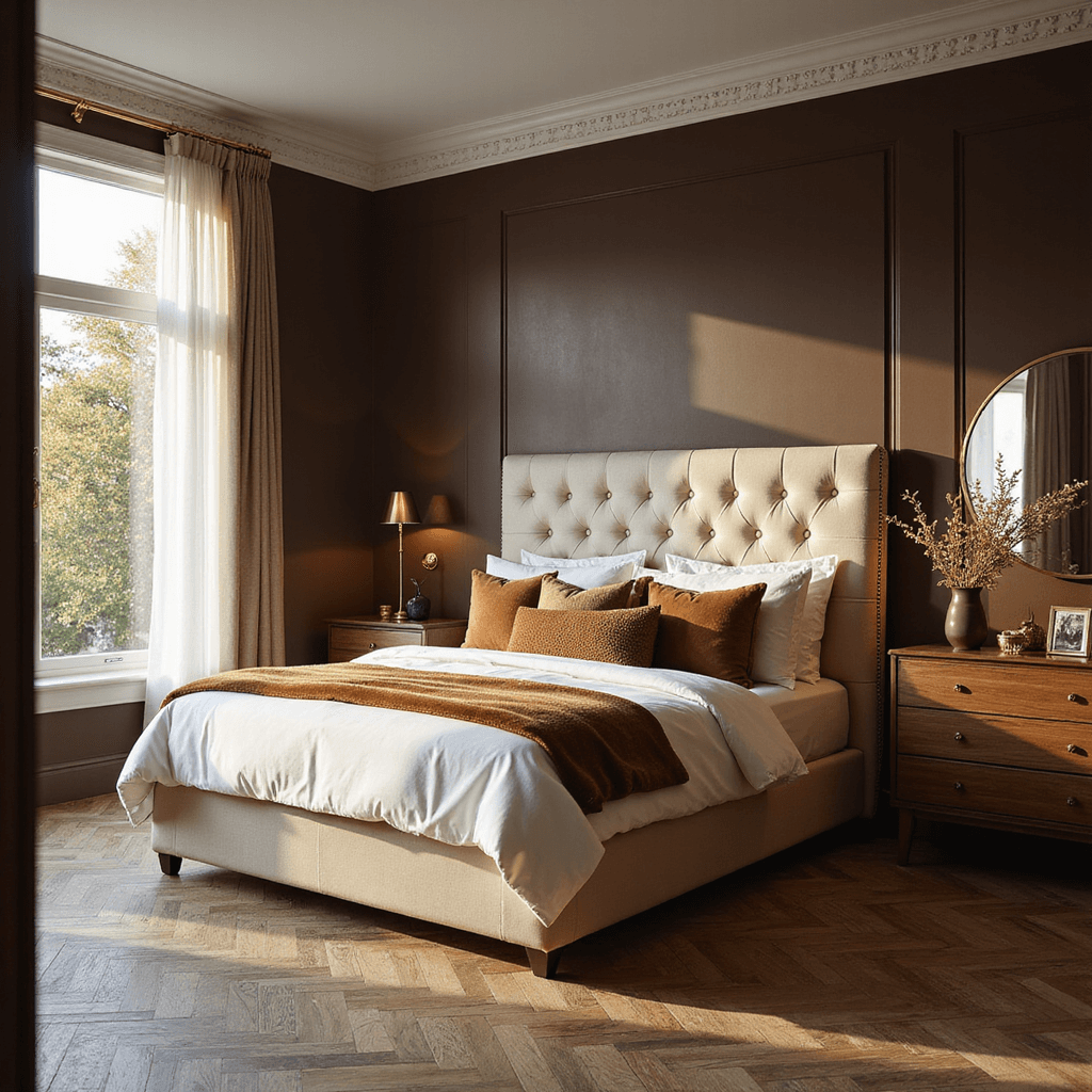 Luxurious bedroom featuring a king bed with a tufted cream headboard against a dramatic chocolate brown accent wall, layered with white cotton sheets and a caramel velvet duvet. Brass sconces illuminate the space, complemented by weathered oak flooring. A modern walnut dresser and circular mirror complete the sophisticated design, with warm golden light streaming in from a large window.