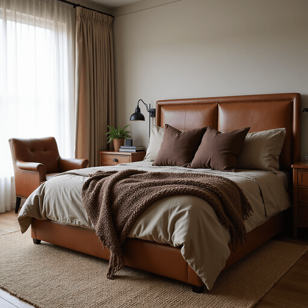 Mid-sized bedroom with layered brown design featuring a California king bed with a caramel leather headboard, taupe linen bedding, and espresso accent pillows, illuminated by morning light through sheer curtains. A vintage cognac leather armchair sits in the corner, complemented by a handwoven jute rug and matte black hardware. Captured from a low angle near the window, highlighting the textures and soft lighting.