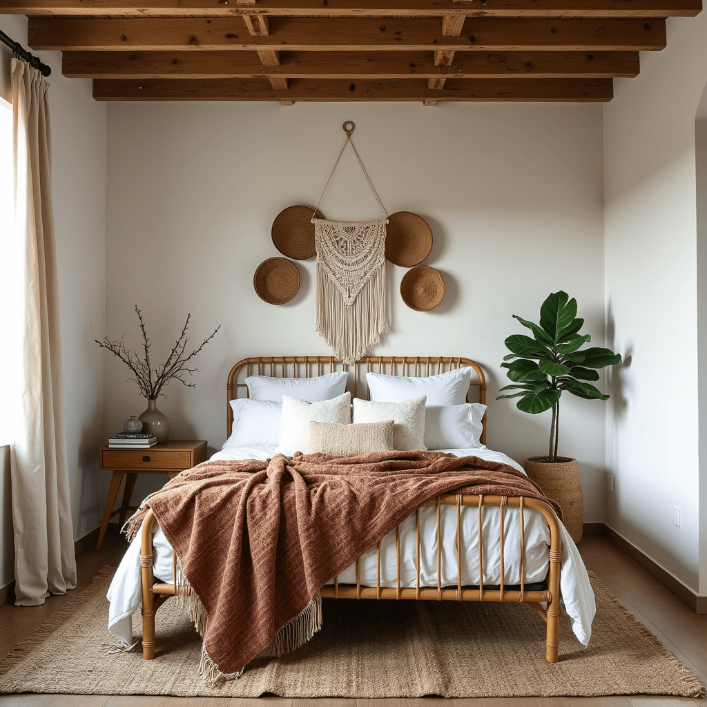 A spacious boho-inspired bedroom featuring a statement rattan bed frame with white linens and tribal print throws, exposed wooden beams, a macramé wall hanging, and a fiddle leaf fig in the corner, all illuminated by soft mid-morning light.