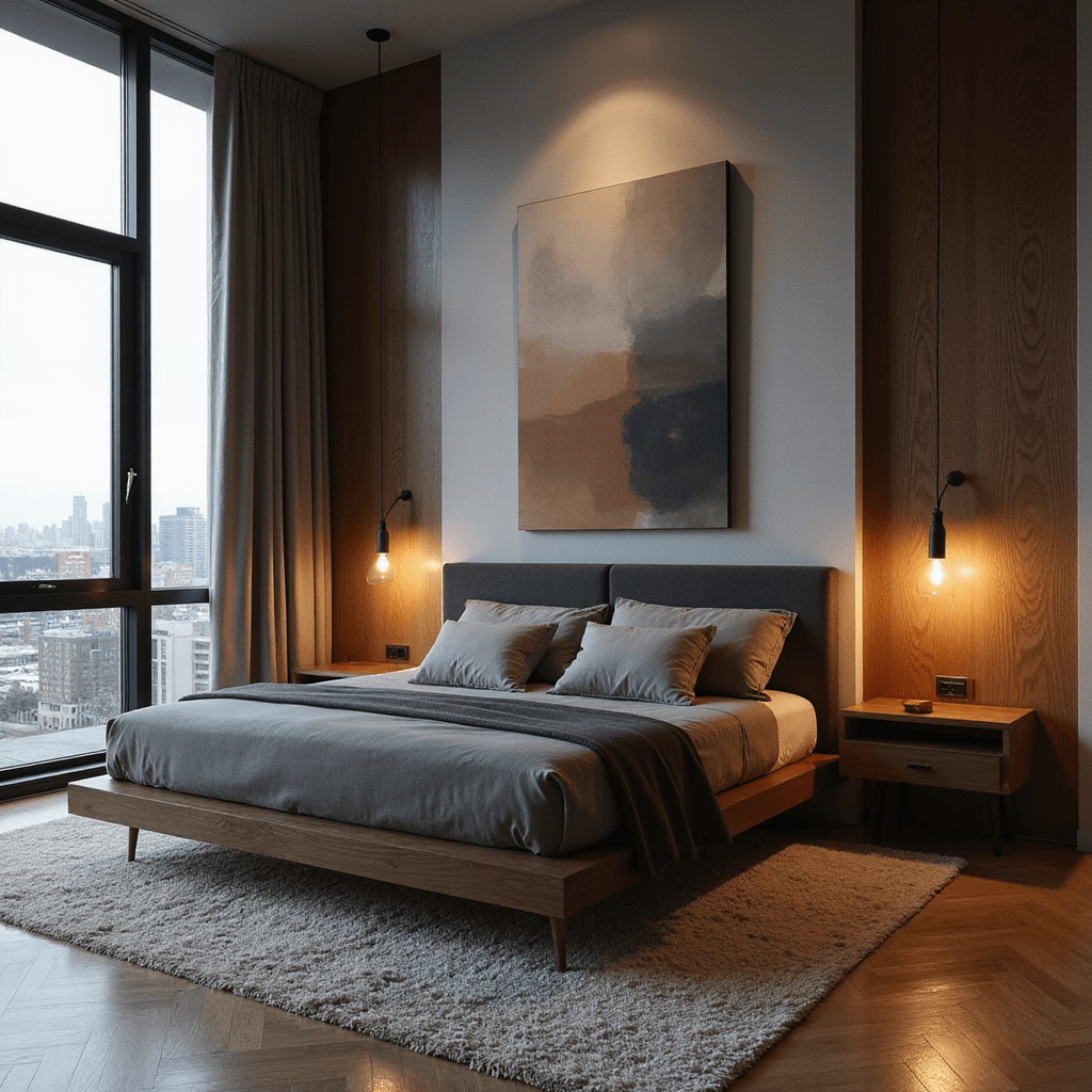 Contemporary bedroom with brown and grey palette, featuring a charcoal grey platform bed with walnut frame, ombré wall treatment, minimalist walnut floating nightstands, and abstract canvas. High-angle shot highlights geometric harmony and mood lighting through floor-to-ceiling windows.