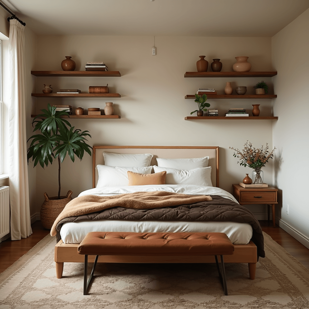 Cozy bedroom featuring a light oak bed frame with cream upholstered panels, layered in ivory sheets and a chocolate quilted coverlet, complemented by a tan faux fur throw. A vintage brown leather bench sits at the foot of the bed. Warm wood floating shelves display a pottery collection, all bathed in early morning light creating an intimate and serene atmosphere.