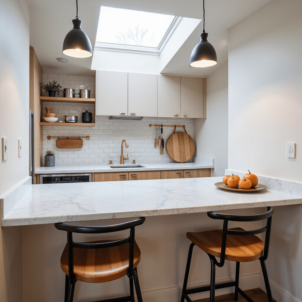 Compact kitchen featuring white subway tiles and quartz countertops illuminated by morning light; includes brass hardware, a copper wall-mounted pot rack, magnetic knife strip, and warm oak fold-down breakfast bar with contemporary black metal and leather bar stools, highlighting vertical storage and clean lines.