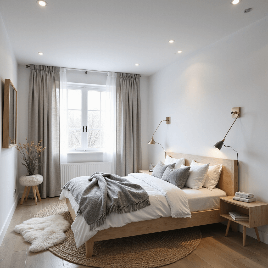 Bright Scandinavian-inspired basement bedroom with white walls, a low-profile blonde wood bed dressed in white linens, and morning light from an enlarged egress window. Layered lighting, strategic mirrors, and various textures create an airy atmosphere.
