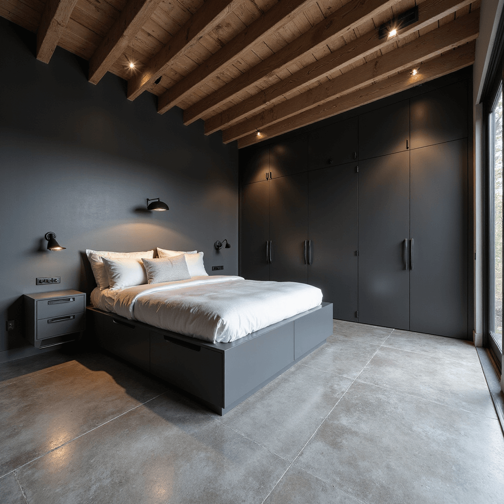 Modern minimalist basement sanctuary featuring a queen bed with built-in storage, exposed wooden ceiling beams, and large-format concrete-look porcelain tiles. The monochromatic grey color scheme is enhanced by hidden LED strips and carefully positioned recessed lighting. The camera captures the space from a 45-degree angle, highlighting sleek black hardware, subtle shadows, and a clean, architectural design.