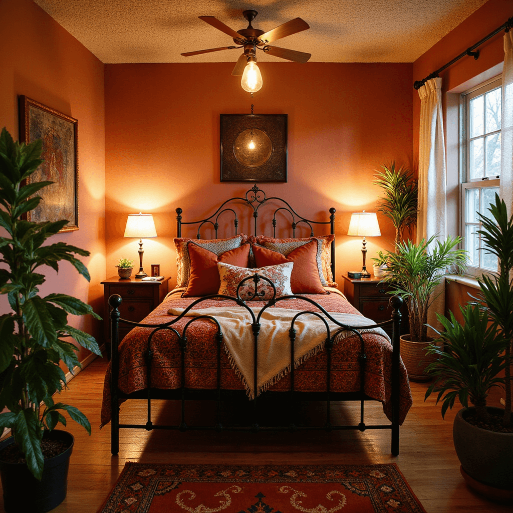 A cozy bohemian basement retreat featuring a wrought iron bed adorned with layered textiles, surrounded by potted plants in warm golden hour lighting, highlighting rich terra cotta and amber tones, textured ceiling, and a mix of velvet and woven materials.