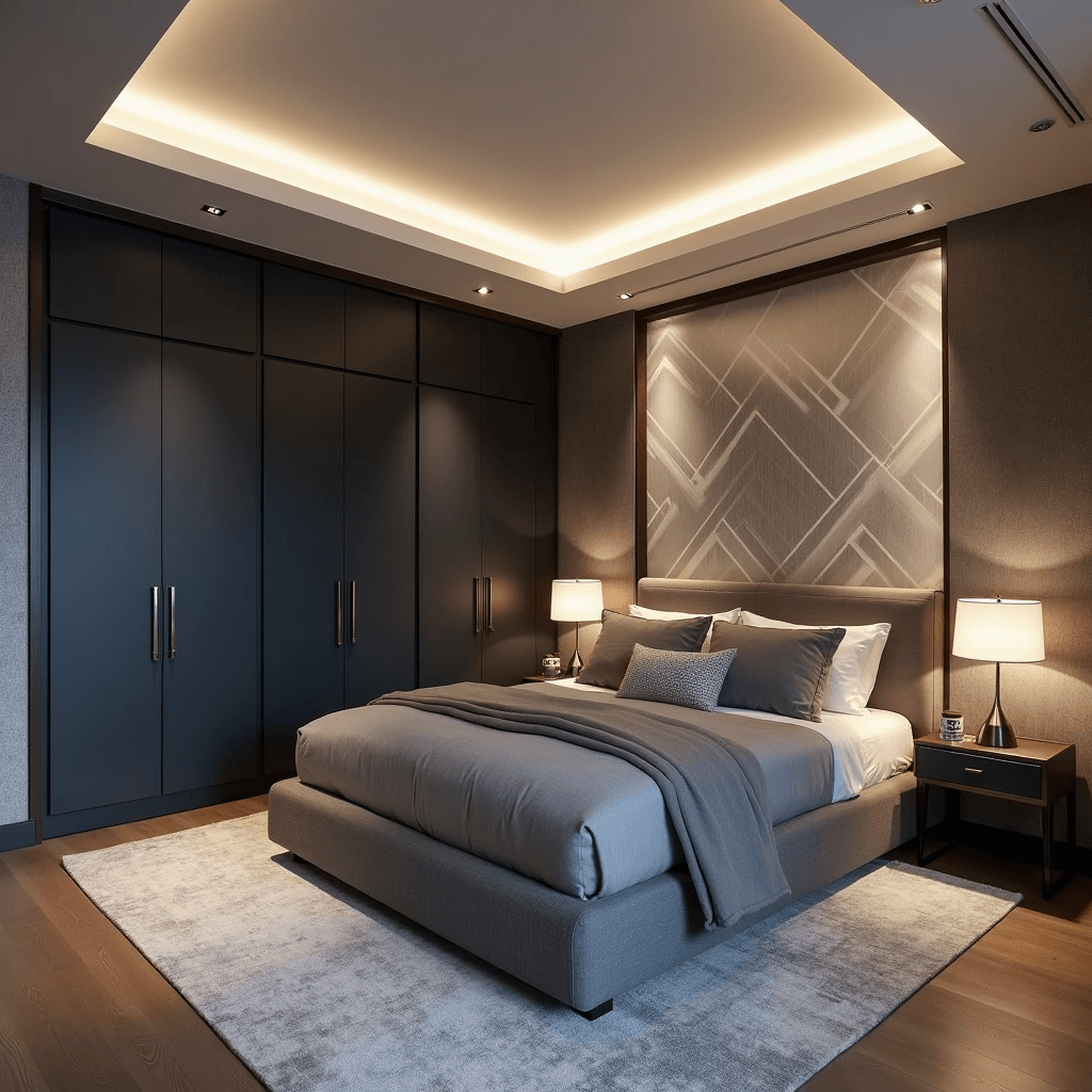 Contemporary basement suite interior featuring a dropped ceiling, dusk lighting, and sophisticated smart lighting system; includes a floor-to-ceiling matte navy wardrobe, a floating king bed in grey upholstery, and geometric silver and white wallpaper; showcased from an elevated corner angle to highlight spatial flow and multiple lighting zones.