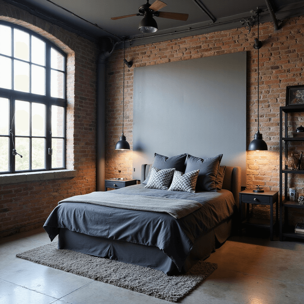 Loft bedroom with exposed gray brick walls, dark metal-framed windows, a king bed dressed in charcoal linen and geometric pillows, vintage pendant lights, concrete floors with a soft gray area rug, and black metal shelving, shot from above to highlight industrial design elements.