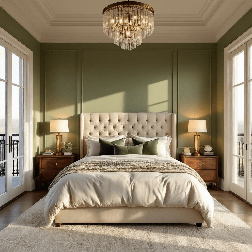 Spacious primary bedroom with warm golden hour sunlight, featuring a king bed with ivory bedding, twin brass lamps on walnut nightstands, and a sage green accent wall, framed by French doors leading to a balcony.
