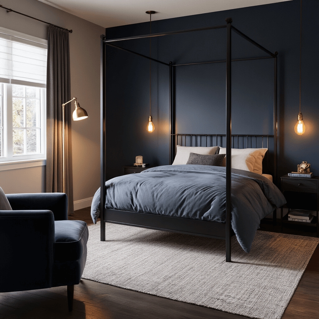 A cozy bedroom featuring a modern black metal four-poster bed against a dark navy wall, illuminated by warm Edison bulb sconces and hidden LED strips, with a brass floor lamp highlighting a velvet reading nook, captured from a high angle for a moody atmosphere.
