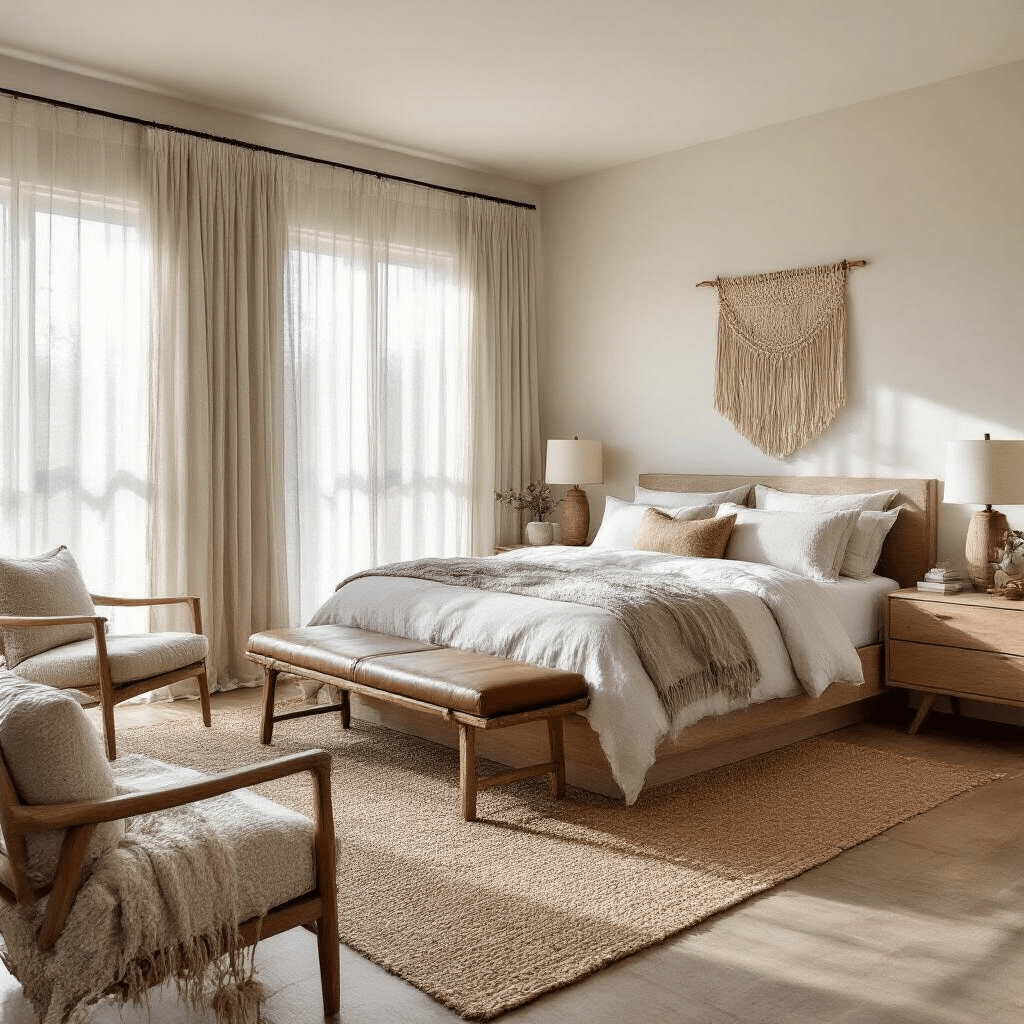 Contemporary primary suite featuring a platform bed with bleached oak nightstands, illuminated by morning light filtering through sheer linen drapes, complemented by a jute area rug, linen bedding, a leather bench, bouclé accent chair, and a macramé wall hanging, captured from the doorway to emphasize ceiling height and textural depth.