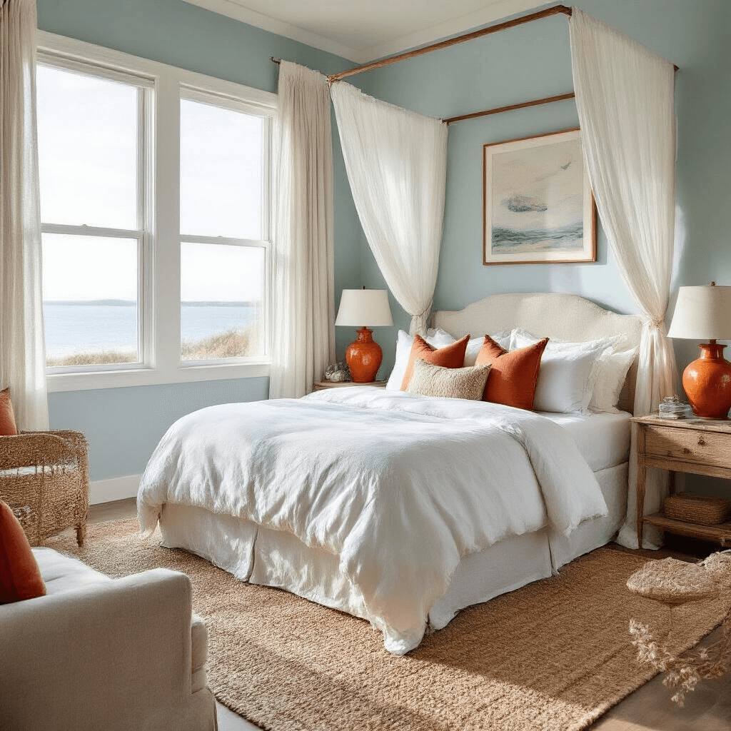 Coastal-inspired bedroom with pale dusty blue walls and a white canopy bed, featuring terracotta accents in lamps and artwork, warm neutral furniture, and a seagrass rug, captured in afternoon light.
