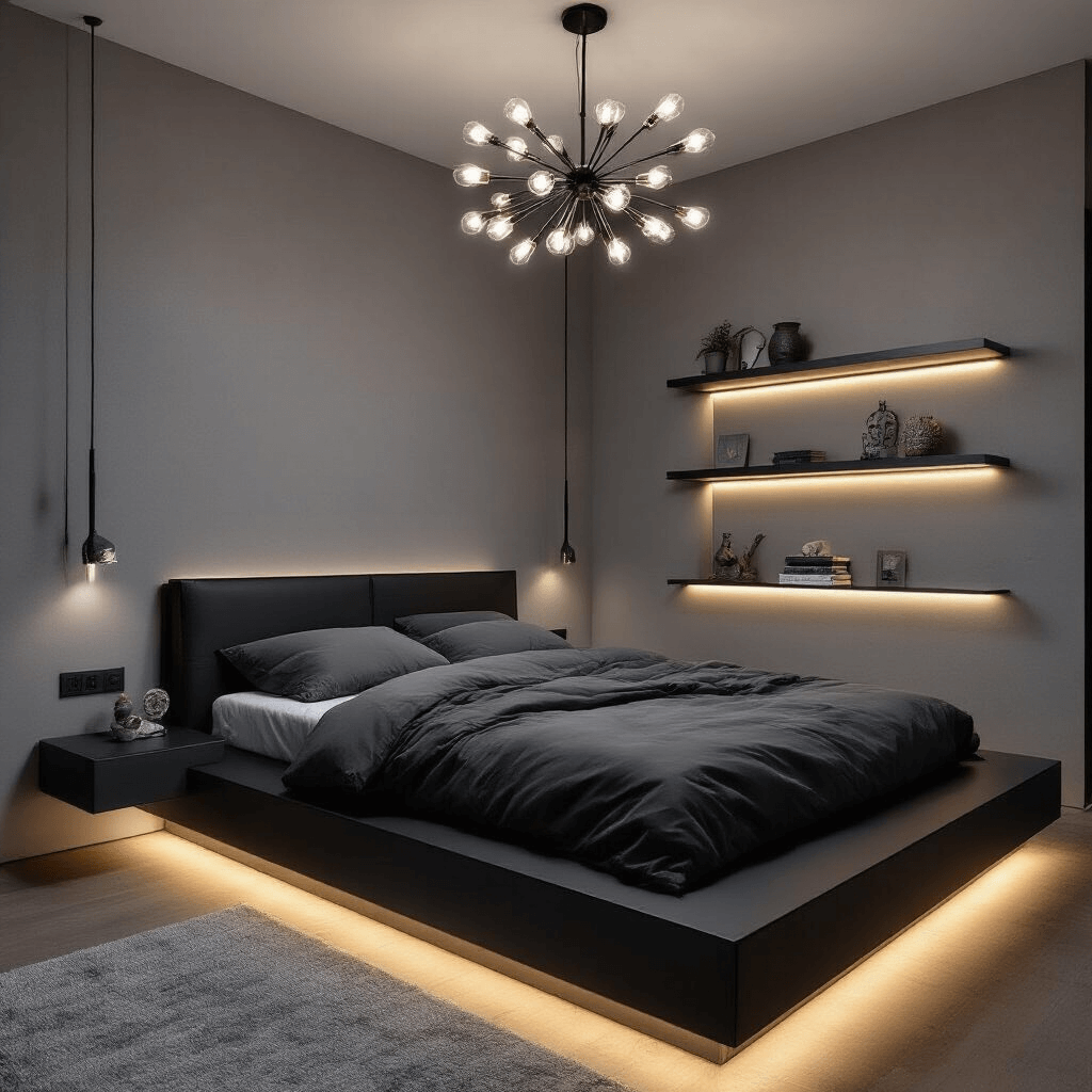 A minimalist 13x15ft bedroom at twilight featuring a floating matte black platform bed under a modern sputnik chandelier, with integrated LED ambient lighting along floating shelves. The space showcases a monochromatic grey palette with varied textures in bedding and wall treatments, captured with a 28mm lens emphasizing horizontal lines and dramatic evening lighting.