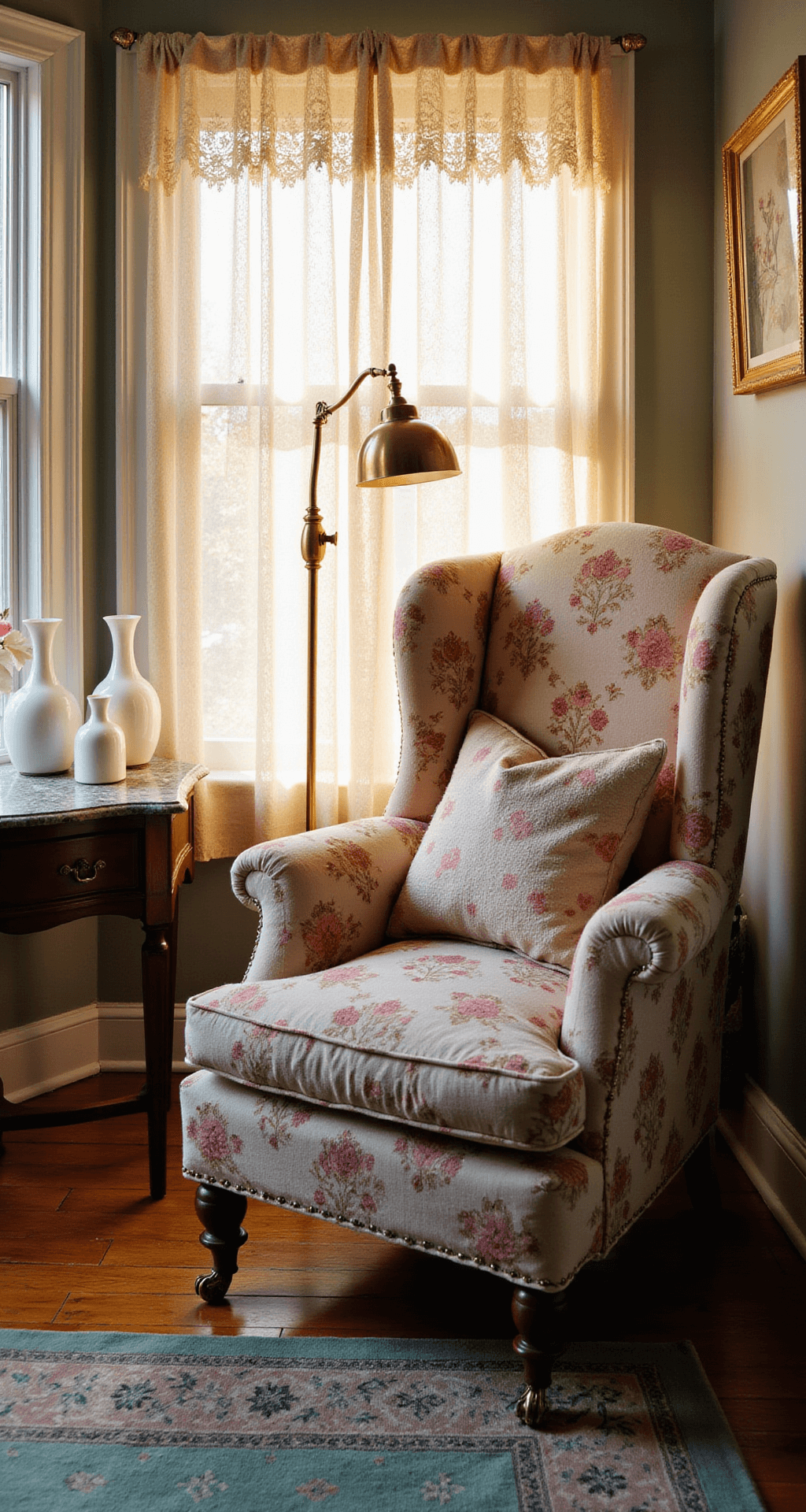 A sunlit living room with a rose-patterned wingback chair by a bay window, warm light filtering through lace curtains, a brass floor lamp, an antique side table with milk glass vases, and a Persian rug, captured from a low angle to highlight textured throws and pillows.