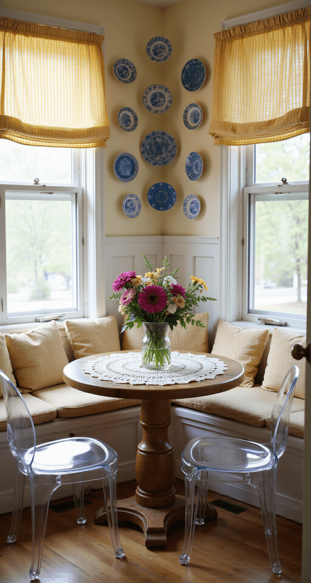 Intimate kitchen nook featuring a round oak pedestal table with contemporary ghost chairs, adorned with vintage china plates on the walls, butter-yellow gingham café curtains, and a crocheted tablecloth, highlighted by soft morning light; a Depression glass vase with fresh flowers takes center stage.