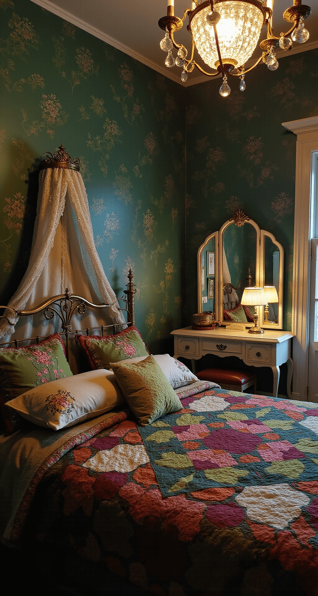 A cozy bedroom corner features an ornate brass bed with a jewel-toned patchwork quilt, surrounded by emerald green floral wallpaper. A vintage vanity with triple mirrors and an antique lace canopy overlook the scene, illuminated by a crystal chandelier casting prismatic light patterns. The shot is from an elevated perspective, showcasing layered bedding and embroidered pillowcases in moody ambient lighting.