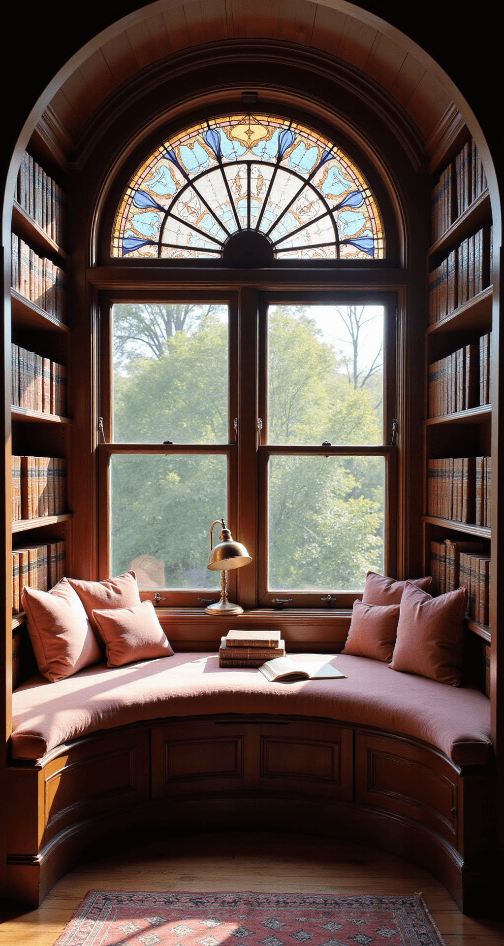 A cozy Victorian-inspired reading nook featuring a curved dusty rose velvet window seat, surrounded by tall bookshelves filled with leather-bound books. Afternoon light streams through a stained glass window insert, casting colorful patterns. A vintage brass reading lamp and a stack of antique hardcovers complete the inviting atmosphere.