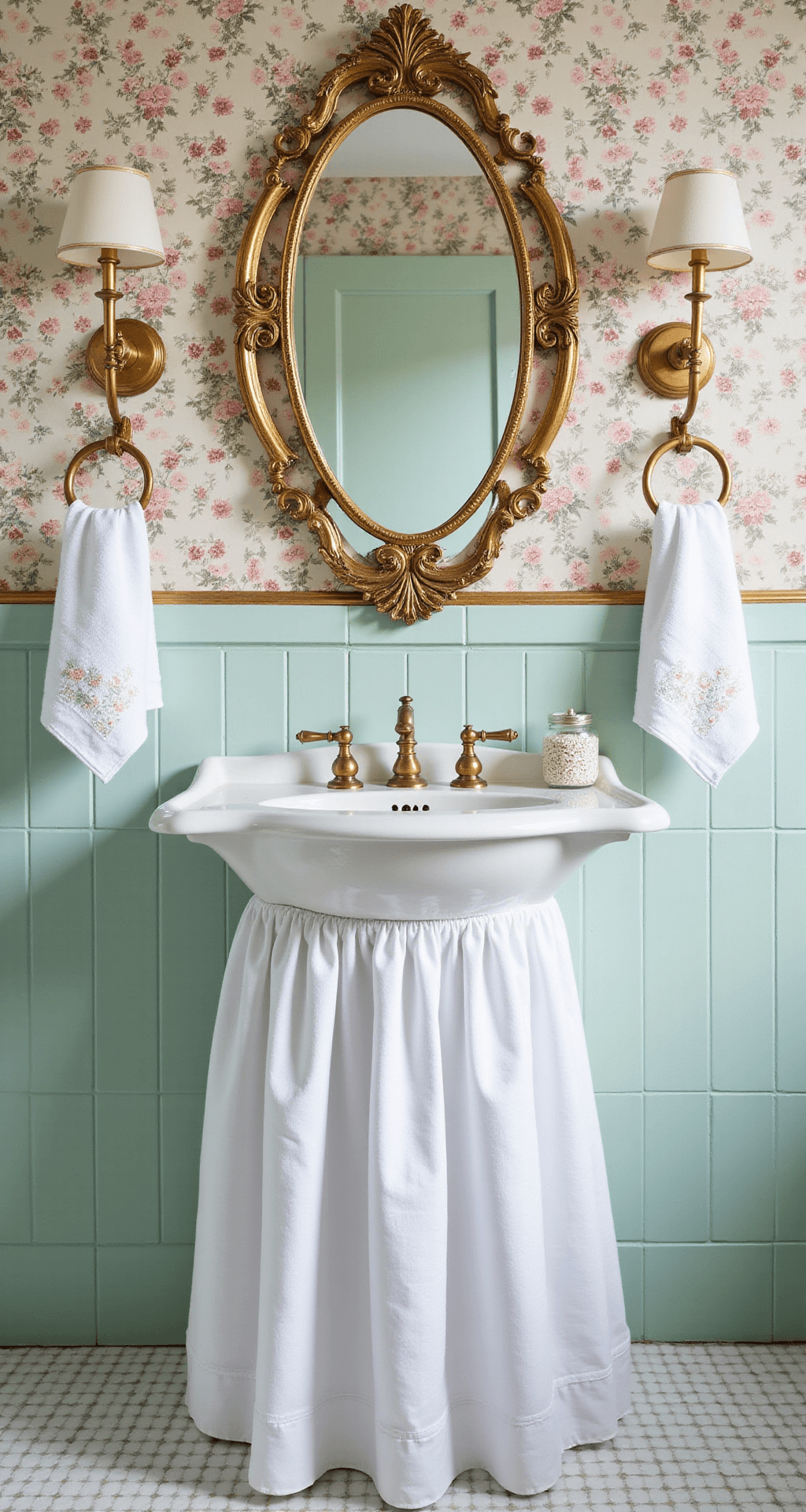 Bathroom vignette showcasing a skirted pedestal sink in white linen with vintage brass fixtures, mint green subway tiles, floral wallpaper, crystal sconces, and an oval mirror in a gold frame, all captured with symmetrical composition and soft side lighting.