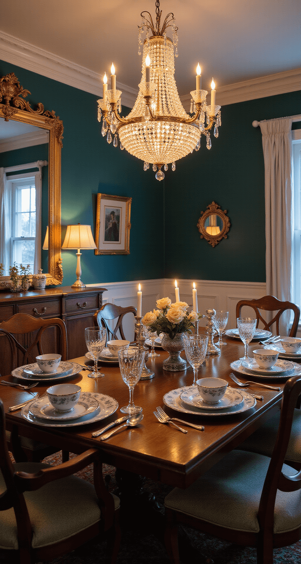 A twilight dining room featuring a mahogany table set with vintage china and crystal stemware, illuminated by a statement chandelier. Silvered mirrors and gilt frames reflect the warm candlelight against deep teal walls with white wainscoting. The scene is captured from table height, showcasing the full tablescape.
