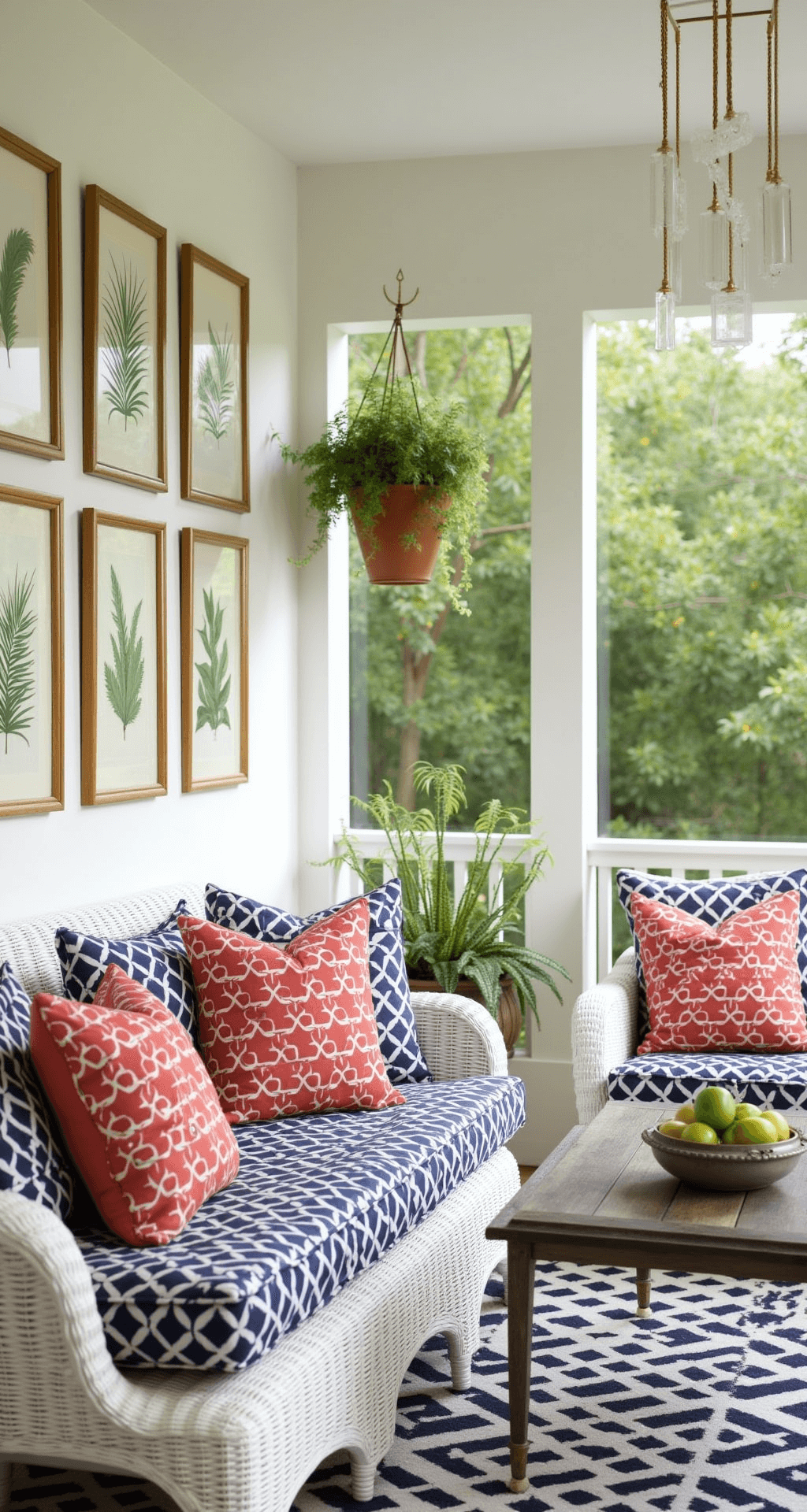 A sun porch featuring white wicker furniture with modern coral and navy geometric cushions, vintage botanical prints in brass frames lining the walls, potted ferns, and crystal wind chimes, captured from a corner angle to showcase texture and depth in bright morning light.