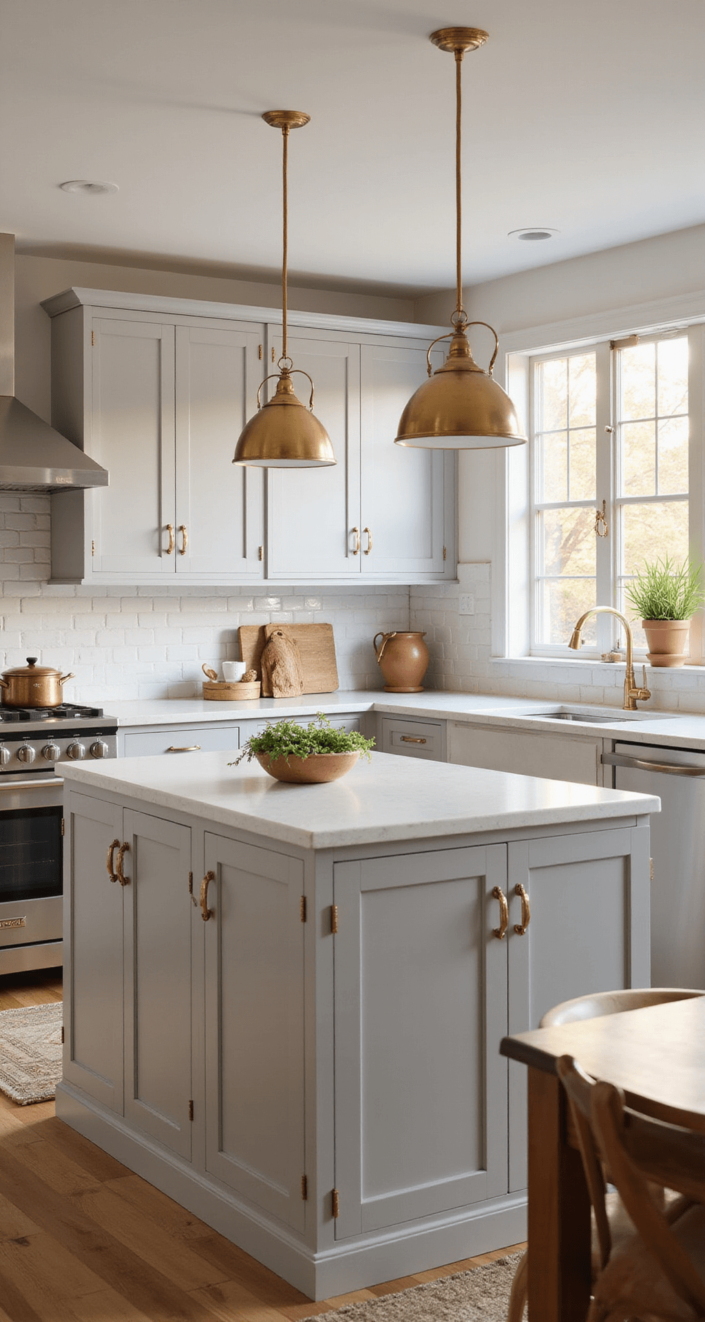 A serene 12x15ft kitchen with light gray Shaker-style cabinets, brass hardware, and white quartz countertops, illuminated by golden hour light from a large window. The island features waterfall edges and vintage brass pendants, while natural white oak floors provide warmth. Copper cookware and white ceramics are artistically arranged alongside fresh herbs in terra cotta pots, all captured from the corner entrance at eye level.