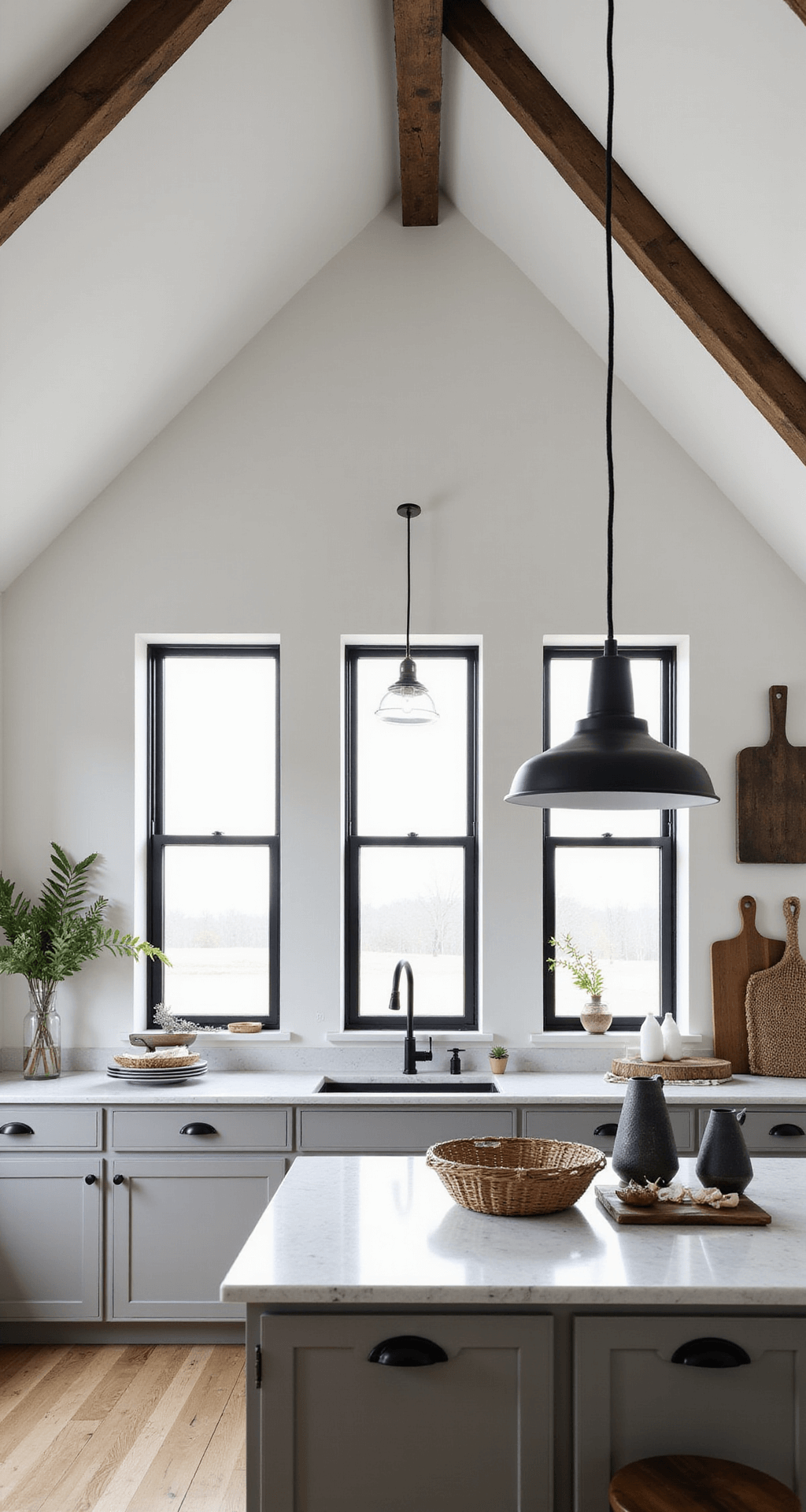 A modern farmhouse kitchen featuring light gray flat-panel cabinets, matte black pulls, black steel-framed windows, and rustic wooden beams. The spacious 14x16ft area is captured in a dramatic wide-angle shot, showcasing industrial black pendant lights above a marble-topped island. The decor includes woven baskets, vintage cutting boards, and black stoneware, all set against pure white walls.