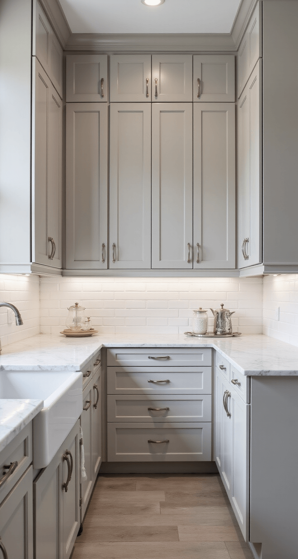 Intimate galley kitchen featuring light warm gray cabinets, white subway tile backsplash, slim marble countertops, and under-cabinet lighting, styled with glass canisters and silver tea set, bathed in warm afternoon light.