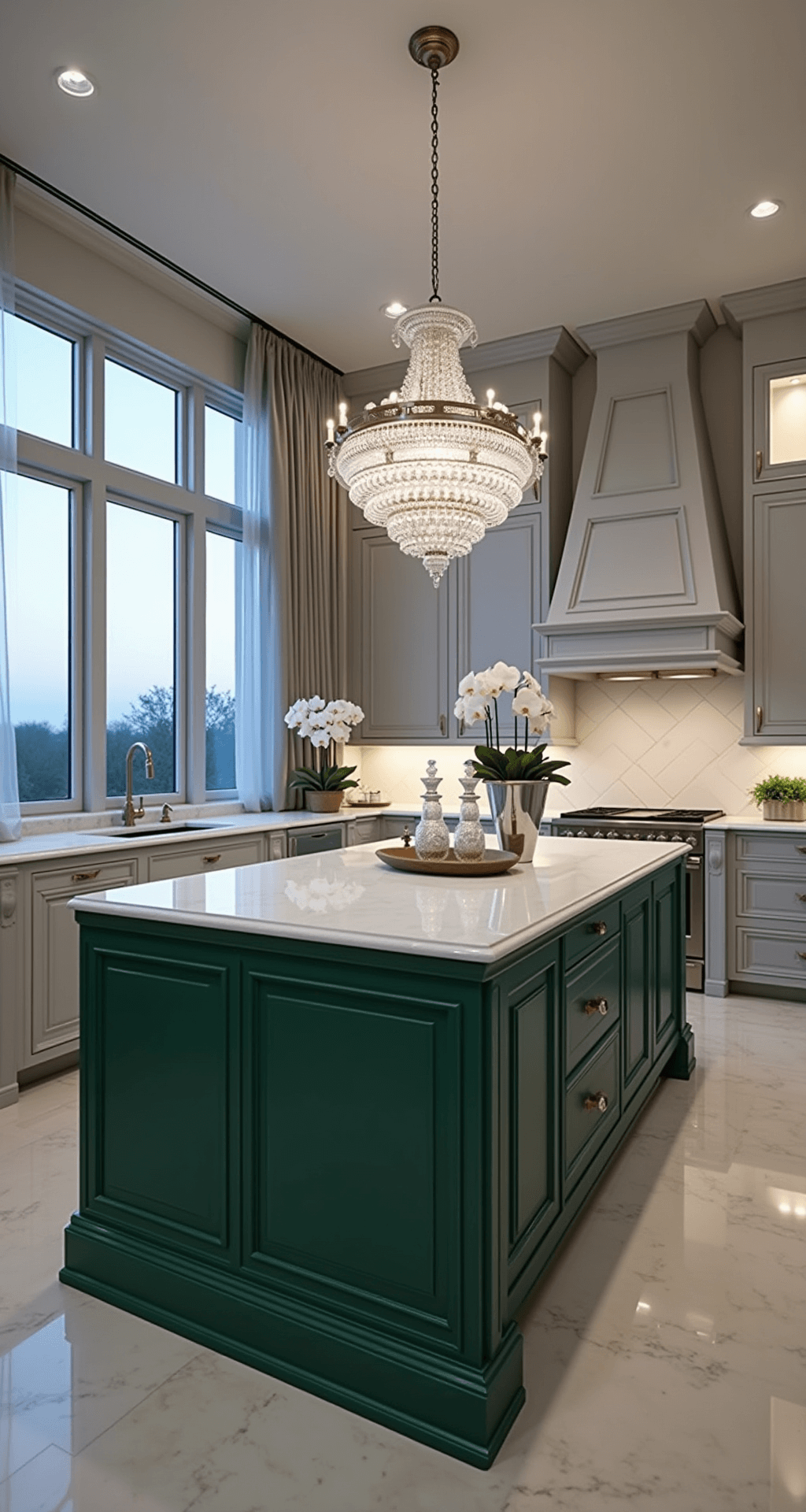 A spacious open-concept kitchen featuring light gray cabinets and an emerald green island with a white marble top, illuminated by a crystal chandelier, set against floor-to-ceiling windows adorned with sheer curtains at dusk. The scene is enhanced by ambient lighting and stylish decor, including crystal decanters, a silver champagne bucket, and white orchids, all in a cool color palette of gray, green, white, and silver.