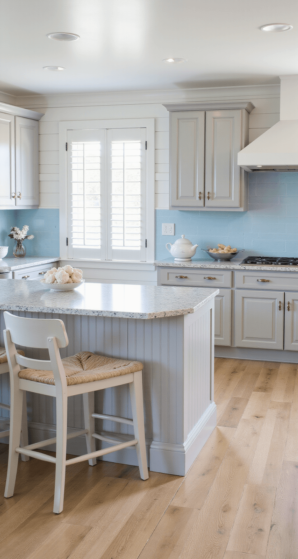 Coastal-inspired kitchen featuring light gray beadboard cabinets with rope pulls, white shiplap walls, and pale blue tile backsplash, illuminated by morning light. The bleached oak floors and blue-white chinoiserie decor enhance the airy ambiance, with natural light filtering through plantation shutters.