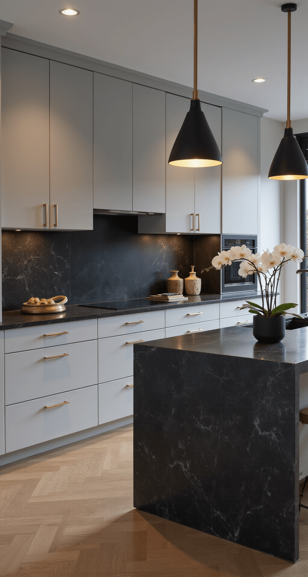A contemporary kitchen featuring sleek light gray cabinets with integrated handles, a dramatic black stone backsplash, and a 10ft waterfall island in matching stone. The space is illuminated by minimalist aged brass pendant lights, creating a moody ambiance at twilight. Modern art, geometric vessels, and a single dramatic orchid add stylish accents to the design.