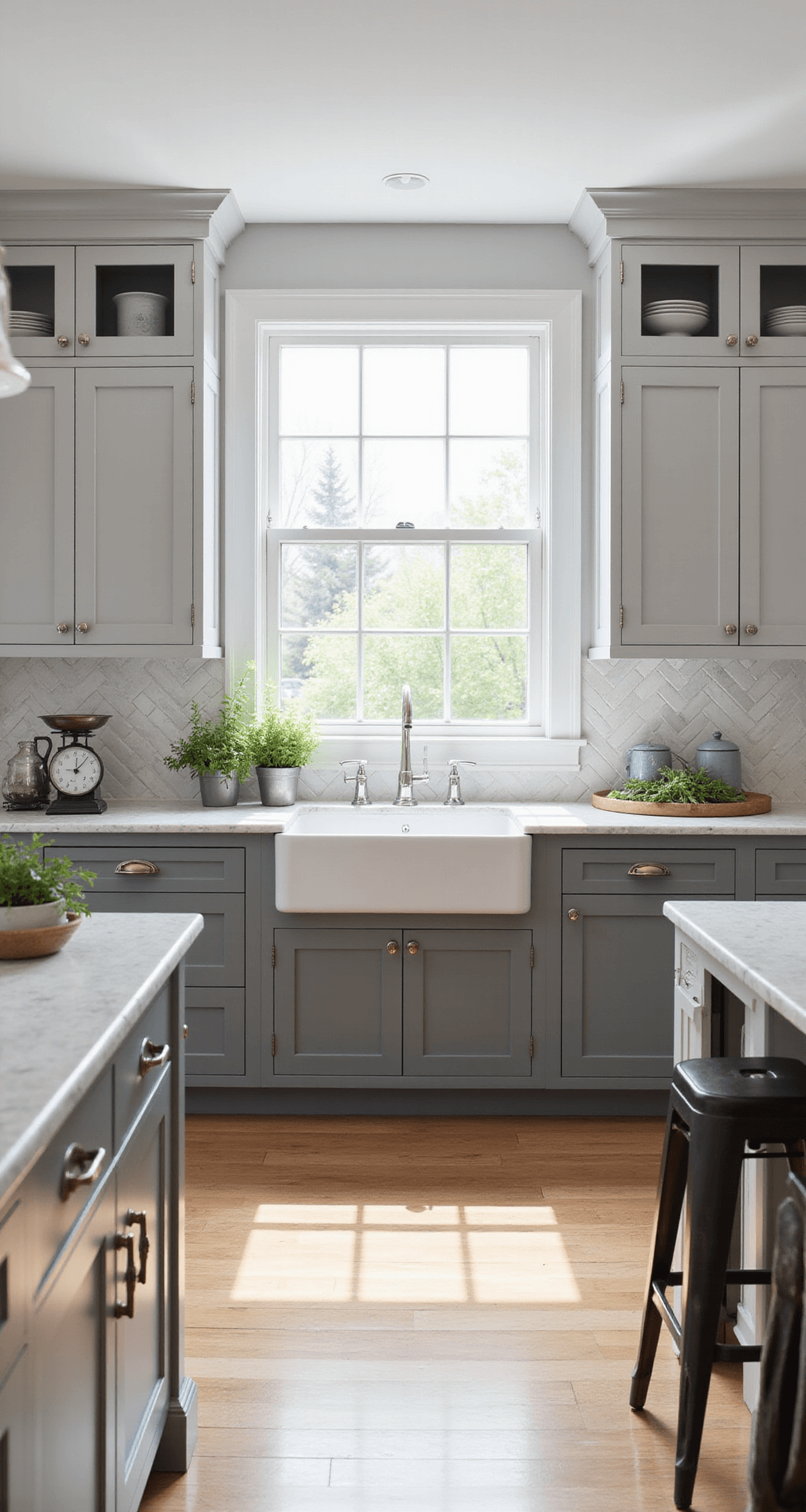 A beautifully styled transitional kitchen featuring two-tone gray cabinets, a marble herringbone backsplash, and white oak floors, illuminated by natural light from a large window above a farmhouse sink, complemented by pot lights and decorative elements like gray pottery and potted herbs.