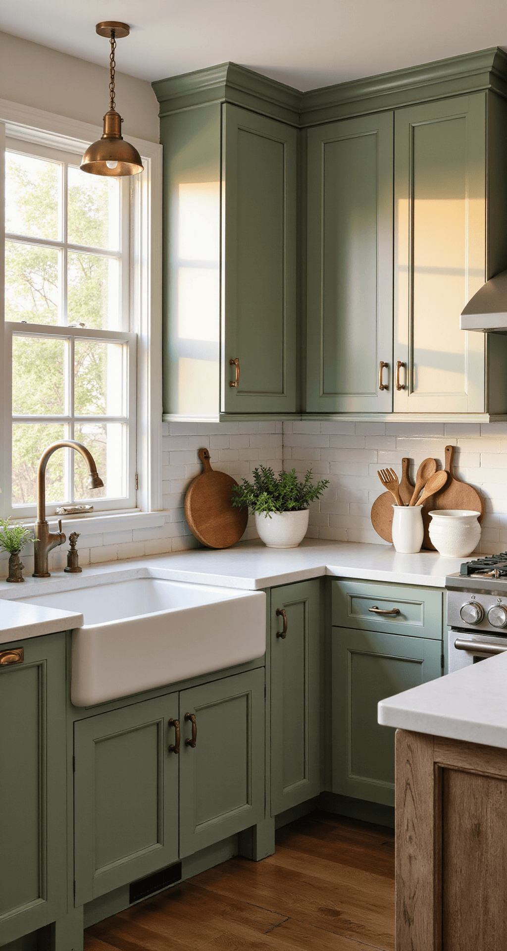 A modern farmhouse kitchen bathed in golden hour light, featuring sage green cabinets with brass hardware, white quartz countertops, and a weathered oak center island, accented by vintage-style pendant lights. Natural decor includes ceramic vessels and fresh herbs.