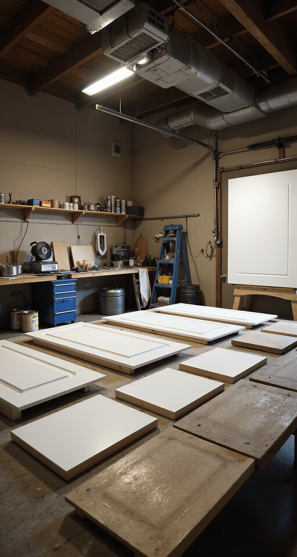 A well-organized professional preparation station in a 20'x24' garage, featuring flat cabinet doors on sawhorses under dramatic workshop lighting. Tools, primers, and paints are methodically arranged, leading the eye toward a prominently displayed white-painted sample door. Industrial fans and ventilation are visible in the background, all captured from an elevated angle to emphasize the systematic workflow.