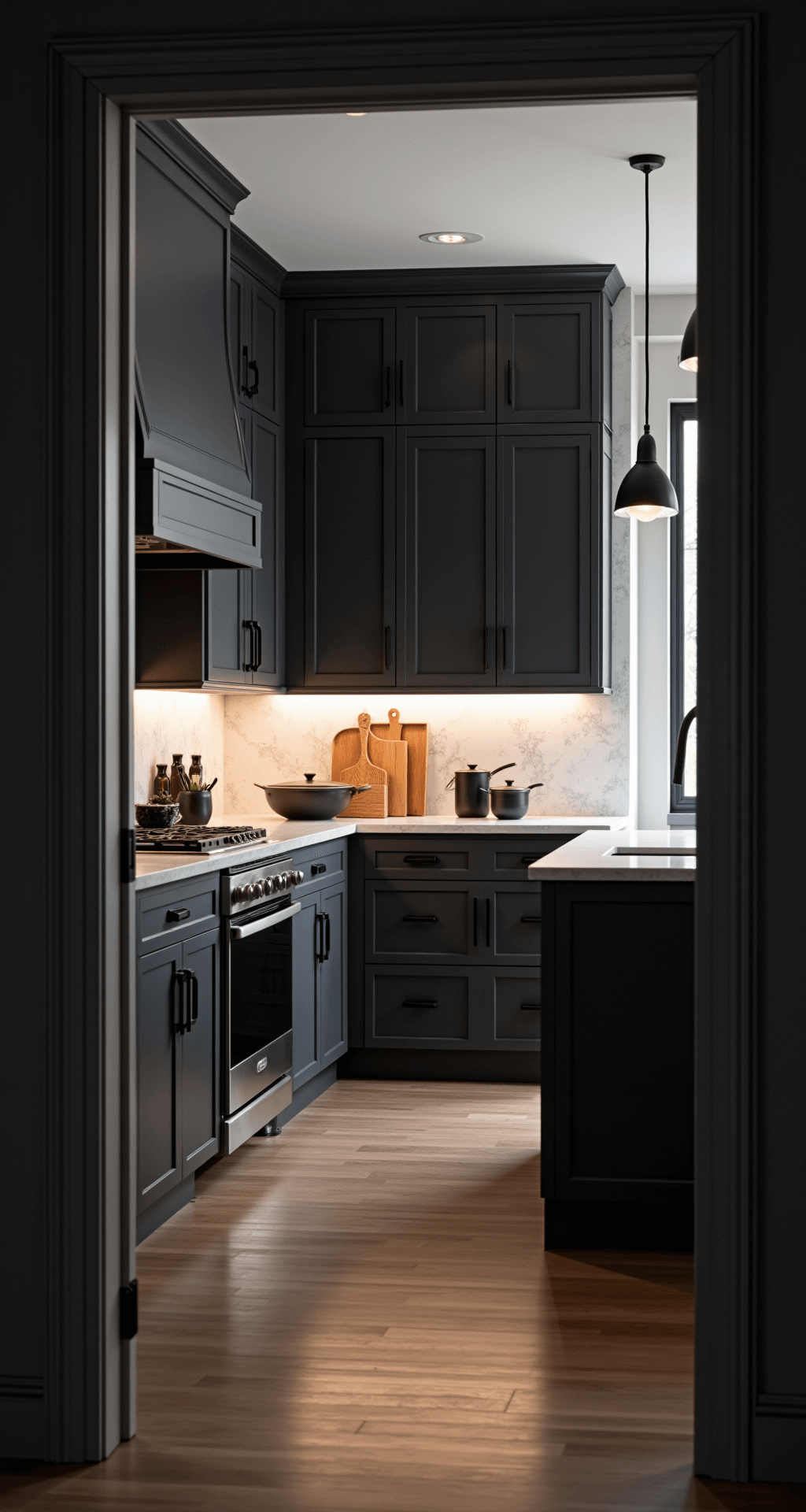 Moody kitchen scene featuring dramatic charcoal cabinets, modern pendant lighting casting shadows, contrasting white walls and marble countertops, styled with copper cookware and black ceramics, captured from a wide-angle perspective.