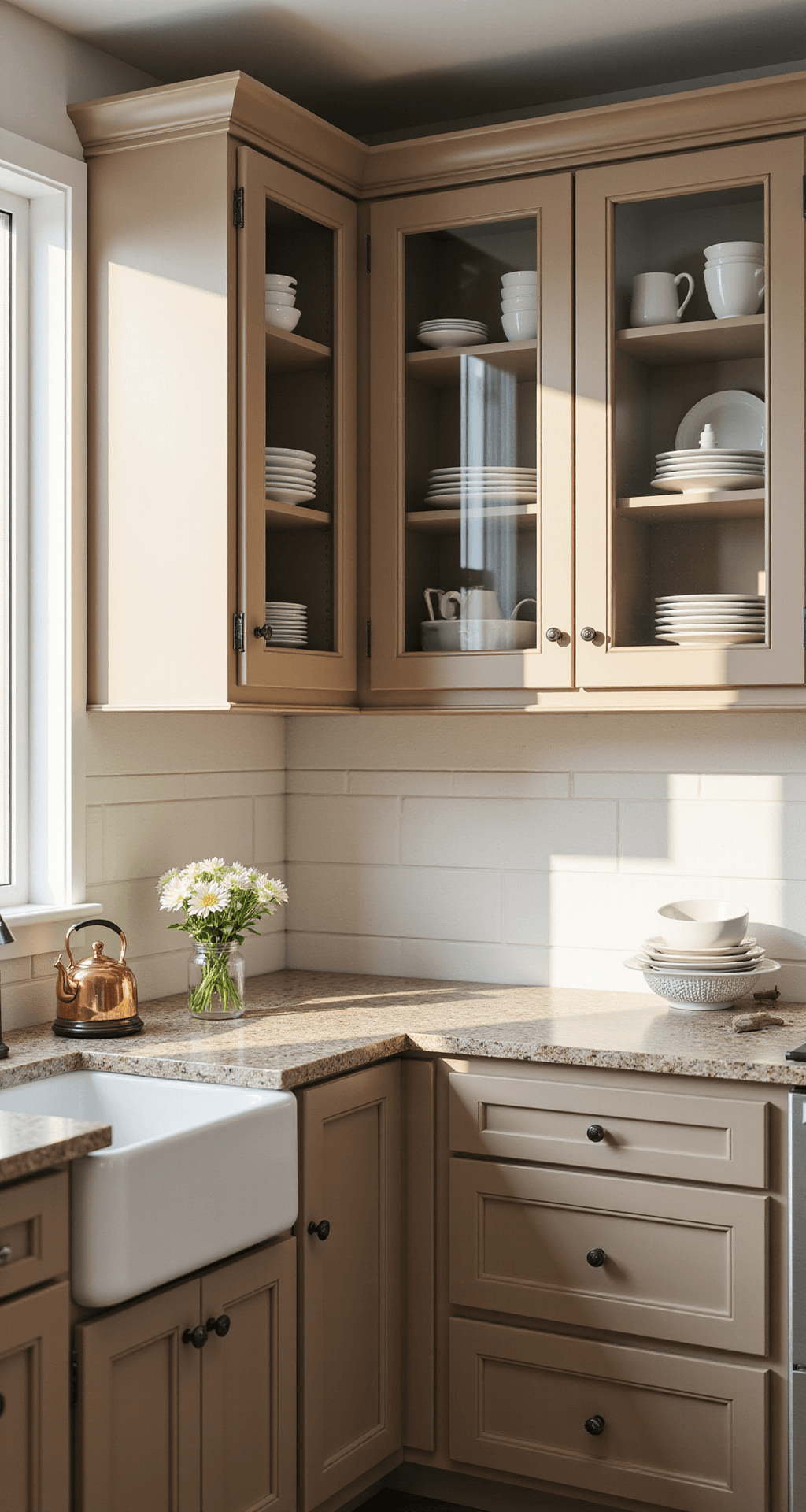 Bright corner kitchen nook bathed in morning light, showcasing warm taupe cabinets, glass-front doors with white dinnerware, and styled with fresh flowers and a vintage copper kettle, emphasizing paint texture and hardware details.