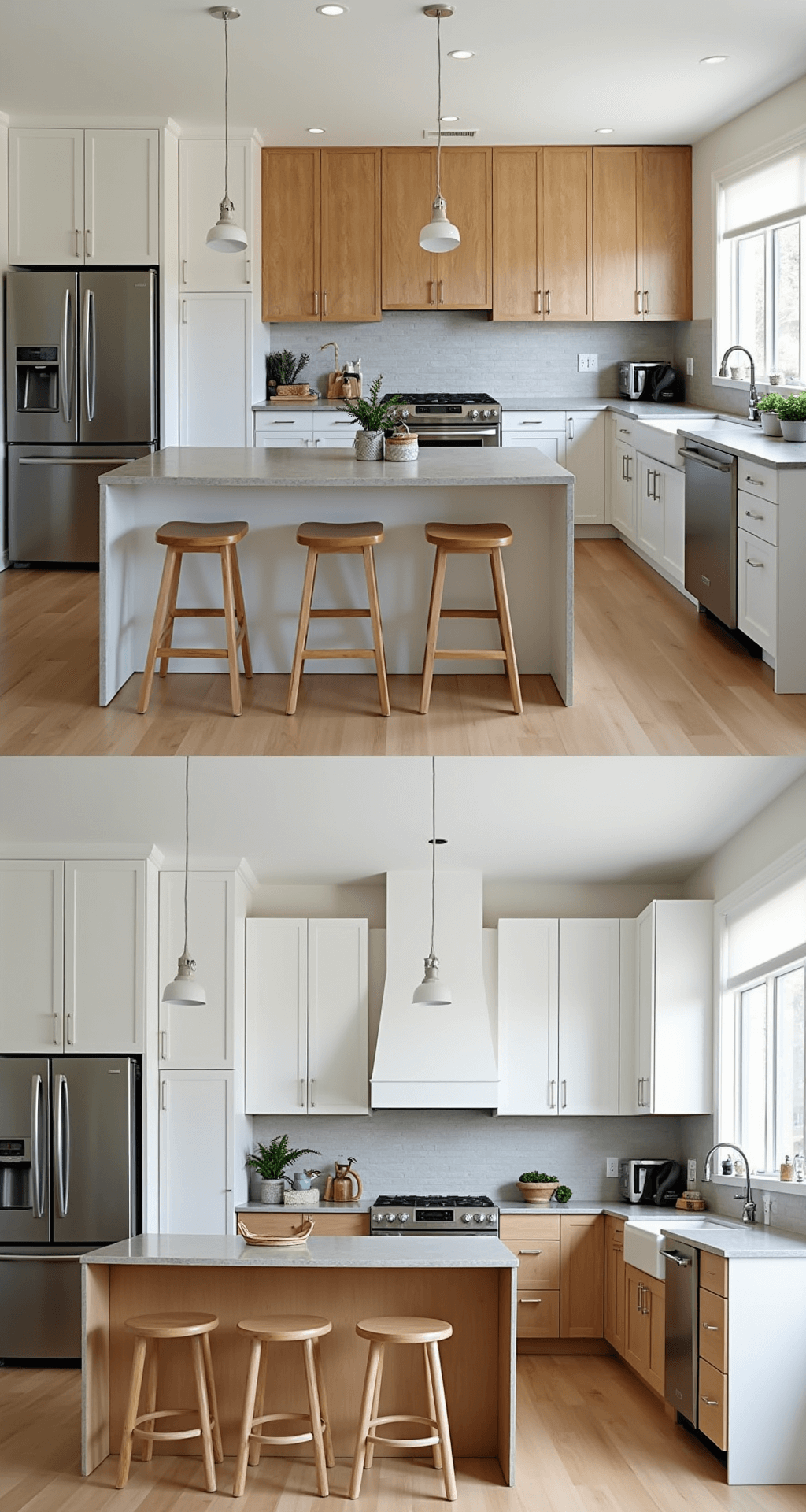 Split-screen showing a contemporary kitchen transformation: on the left, the original wood grain cabinetry, and on the right, the updated fresh white painted finish. Both shots feature the same camera position, highlighting the 16'x18' open-concept layout with modern stainless appliances and concrete countertops, styled with minimalist accessories under matched lighting conditions.