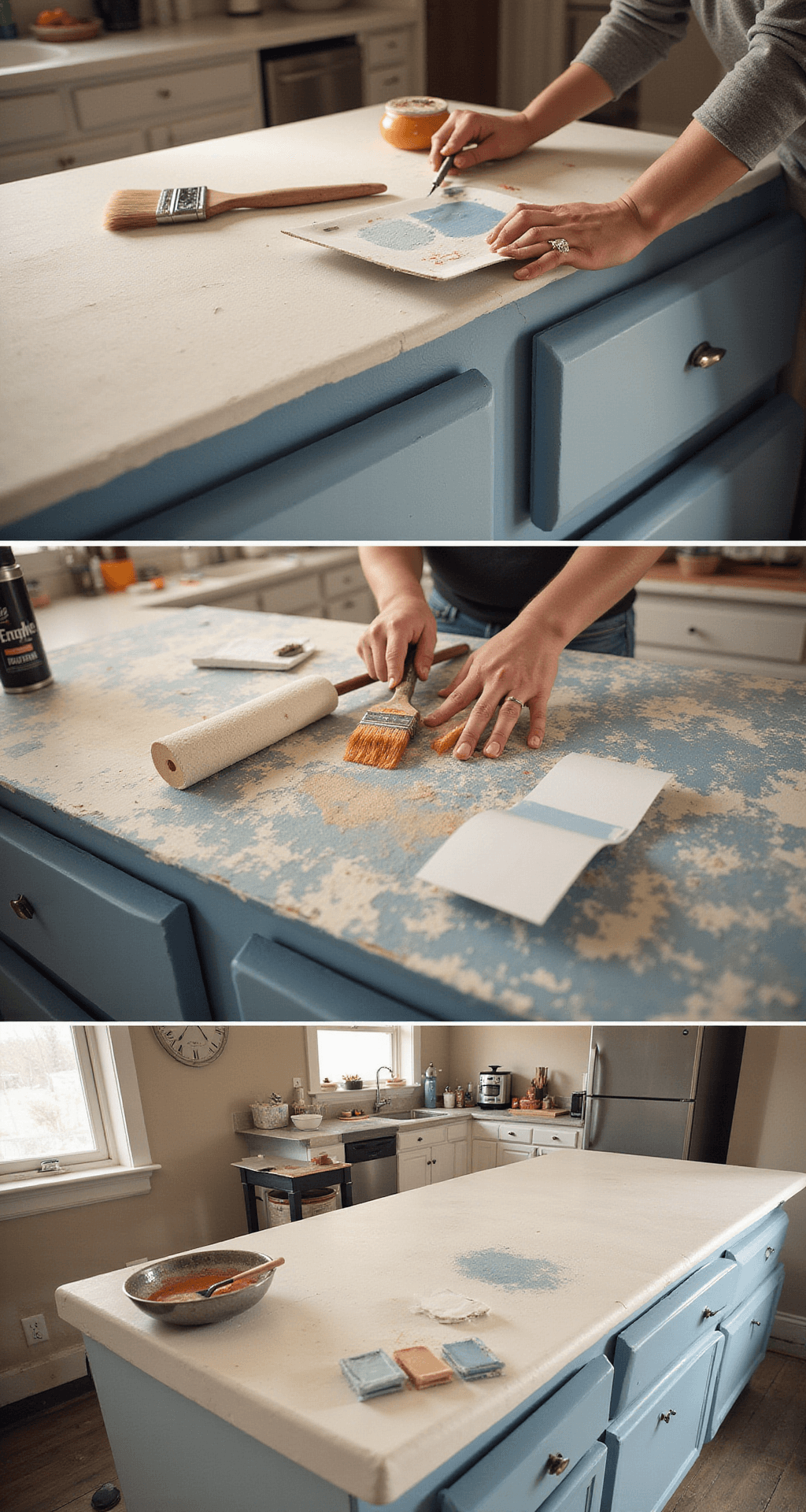 A series of close-up images showcasing the detailed process of cabinet painting in a 12'x14' kitchen lit by warm afternoon sunlight. The shots highlight various techniques including brush strokes and roller application, with professional-grade tools and paint swatches arranged meticulously. Macro shots depict different paint application methods, all captured with a documentary-style focus.